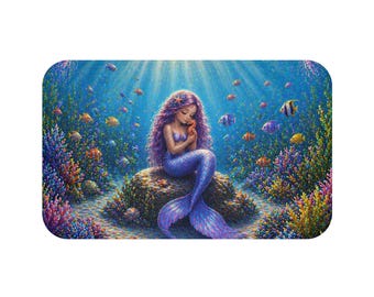 Sleeping Mermaid Bath Mat | Underwater Ocean Scene, Colorful Coral Reef