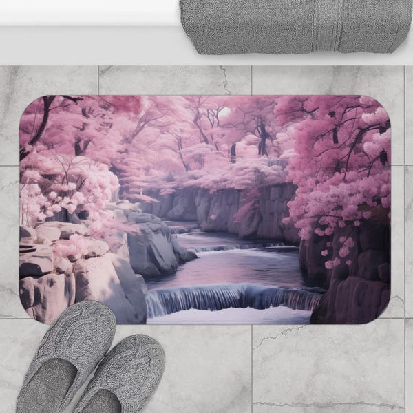 桜のストリームバスマット｜ピンクの桜の風景、落ち着いたバスルームの装飾