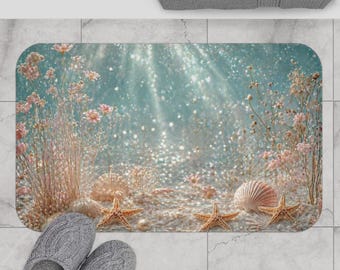 Underwater Seashell Scene Bath Mat | Mermaid Coastal Ocean Floor