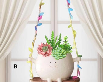 Cute Hanging Swing Face Planter Pot with Leaves & Flowers | Indoor Outdoor Resin Pot | Succulent Hanging Planter Gift,