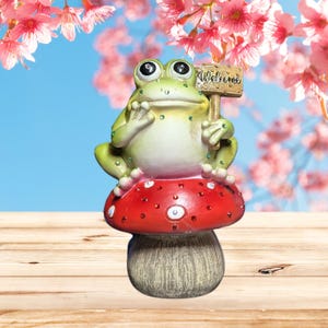 Whimsical Frog Figurine on Mushroom Welcome Sign 6&quot;x4&quot; | Garden Decor with Sparkling Rhinestones, Gift for her, Birthday gift.