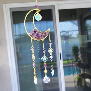 Beaded half moon suncatchers, Amethyst suncatcher, Window decoration, hanging decoration,
