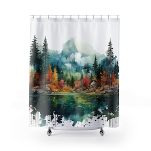 Serene Mountain Shower Curtain, Nature Decor, Bathroom Art, Rustic Home Accessory, Gift for Nature Lovers, Matching Bathmat Available.