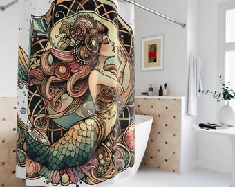 Sjöjungfruduschdraperi, badrumsinredning i fantasistil. Vintage design med havsdjur, kustnära heminredning, duschdraperi med havstema.