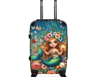 Sweet Mermaid Illustration Suitcase | Floral Underwater Luggage