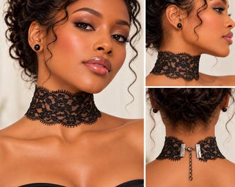 Wide Black Lace Choker Necklace 11 to 14 inches, Gothic Victorian Choker, Stretch Floral Lace Collar, Romantic Gothic Necklace.