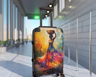 Valigia con dipinto di donna danzante dai colori vivaci / Bagaglio da viaggio astratto e dai colori sgargianti