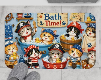 Pirate Kittens Bath Mat | Cute Cat Bath Time Illustration, Nautical Kids Bathroom Decor