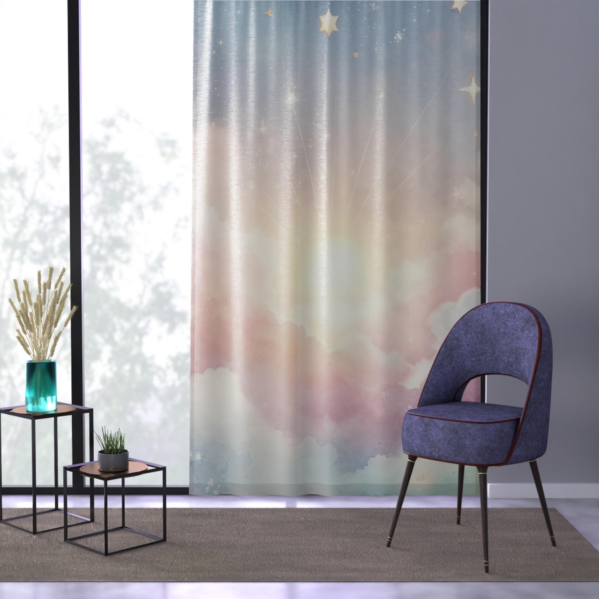2 Panneaux De Rideaux Japonais BOHEMIAN FARMHOUSE - Motif Floral & Oiseaux Bleu Cobalt & Ciel, Coton