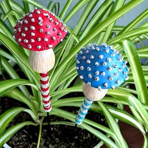 Mushroom Garden Stakes 12&quot; x 6&quot; Red or Blue with Rhinestones | Beaded Mushroom Decor for Plants | Sparkly Plant Pot Stakes