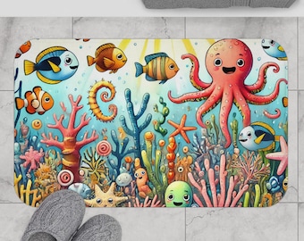 Tappetino da bagno colorato con vita marina, arredamento nautico per la casa, tappetino da bagno per bambini, atmosfera da spiaggia, divertente design con barriera corallina
