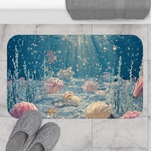 Underwater Seashell Scene Bath Mat | Ocean Floor, Starfish, Sunbeams