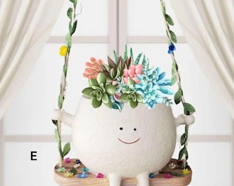 Cute Hanging Swing Face Planter Pot with Leaves & Flowers | Indoor Outdoor Resin Pot | Succulent Hanging Planter Gift,