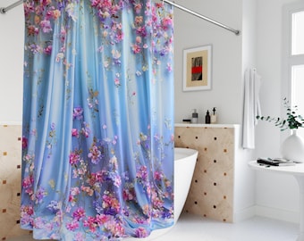 Shower Curtain, Polyester with the image of a Hanging Floral Cascade Shower Curtain | Blue Draped Flower Print