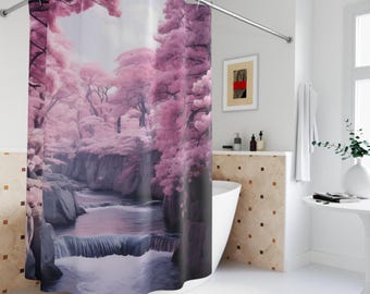 Pink Cherry Blossom Forest Shower Curtain | Waterfall River Bath Décor
