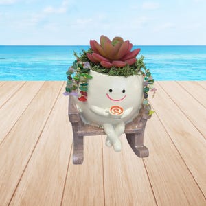 May include: A whimsical white ceramic planter shaped like a smiling face, holding a cup. The planter is filled with a succulent and moss, and adorned with beaded accents. It sits in a miniature wooden rocking chair, with a blue ocean background.