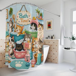 May include: A light blue shower curtain featuring cartoon cats in bathtubs with bubbles. The curtain has the words "Bath Time!" on a wooden sign. Other bath-related items are also shown, such as soap and towels.