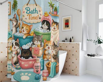 Cortina de ducha con gatos a la hora del baño / Decoración de baño con gatitos adorables.