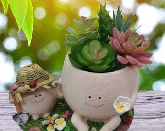 Jolie jardinière pour mère et enfant | Pot de fleur smiley | Jardinière de jardin en résine avec abeille et coccinelles | Cadeau pour maman ou professeur