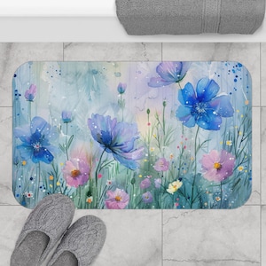 Floral Watercolor Bath Mat, Matching curtain available, Soft, Cozy Bathroom Decor, Flower Theme Bath Rug, Ideal Gift