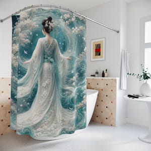 May include: A shower curtain featuring a digital illustration of a figure seen from behind, wearing a flowing white and teal kimono-style garment. The design includes swirling teal patterns, white cherry blossom branches, and small white birds.