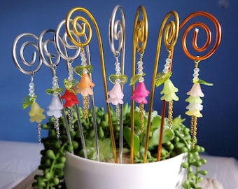 Fairy garden wand flowers and a leaf, miniature garden and plant pot decorations, garden stakes, home decoration.