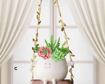 Cute Hanging Swing Face Planter Pot with Leaves & Flowers | Indoor Outdoor Resin Pot | Succulent Hanging Planter Gift,