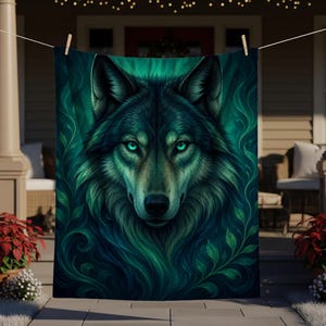 May include: A dark teal and green wolf portrait on a rectangular textile. The wolf has piercing teal eyes and is surrounded by swirling green foliage. The textile is hanging outside on a clothesline.