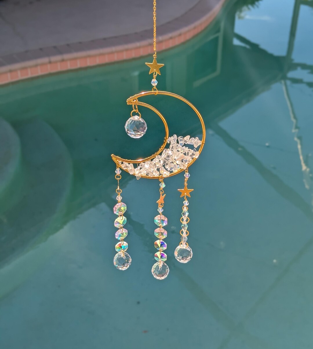Half Moon Crystal Suncatcher 18” Window Prism Rainbow Maker Hanging ...