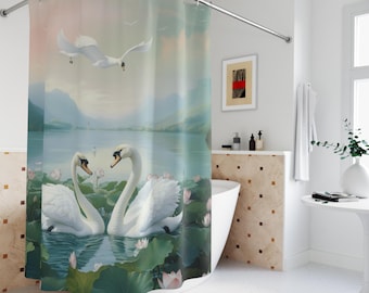 Swans Lake Duschvorhang, Natur Badezimmer Dekor, Lotus Pflanzen weiße Schwäne fliegen, Wildlife Themed Wohnaccessoires, Vogel Liebhaber Geschenk, einzigartig