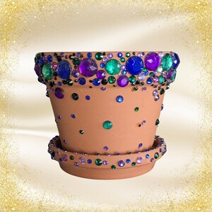 Terrakotta Planter mit Glas Rhinestones | 10 cm Dekorativer Blumentopf mit Untersetzer | Handgemachter Bling Blumentopf | Geschenk für Pflanzenliebhaber