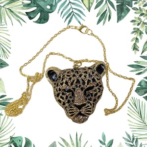 Fierce Leopard Head Necklace with Golden Rhinestones on 20&quot; Gold Chain, Bold Statement Animal Jewelry, Wild Cat Pendant