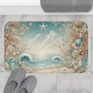 Seashell Beach Scene Bath Mat | Coastal Ocean Starfish Seascape