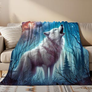 Couverture polaire sherpa Howling Wolf Night Sky | Plaid Forêt Céleste