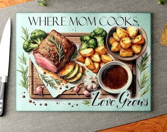 Tabla de cortar de vidrio "Donde mamá cocina, el amor crece" / Decoración de cocina, Día de la Madre