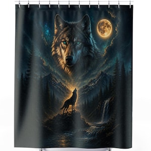 Howling Wolf Moon Shower Curtain | Wolf Face Forest Night