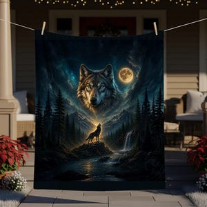 Customizable Howling Wolf Moon Sherpa Blanket | Wolf Night Sky Throw