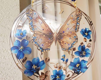 DISCOUNT! Sun Catcher 8" with rhinestones 4 glass octagons and a gold chain Butterflies with blue flowers. Window Decoration two sided.