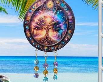 DISCOUNT! Tree of life Sun Catcher 6&quot; with rhinestones 9 glass octagons in matching colors hanging with golden chain. Window Decoration