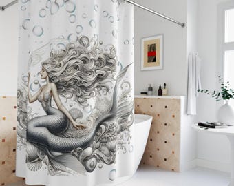 Duschdraperi med sjöjungfrumotiv, vintagemotiv | Bubbelhavsdesign