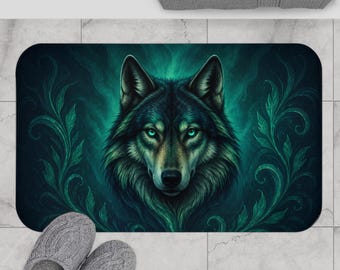 Mystic Wolf Illustration Bath Mat | Forest Spirit Home Decor