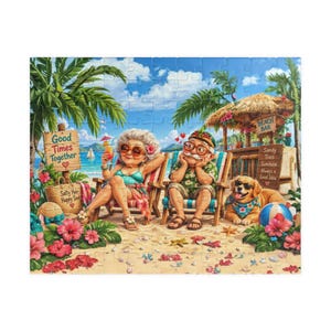 Può includere: Un puzzle che illustra una coppia anziana che si rilassa su sedie a sdraio sotto una palma. La donna indossa un bikini color ottanio e occhiali da sole, mentre l'uomo indossa una camicia verde e occhiali. Un golden retriever siede con un pallone.