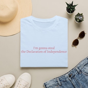 May include: A light blue t-shirt featuring the red text "I'm gonna steal the Declaration of Independence" printed across the center. The shirt has a crew neckline and short sleeves, presenting a simple and clean design for casual wear.
