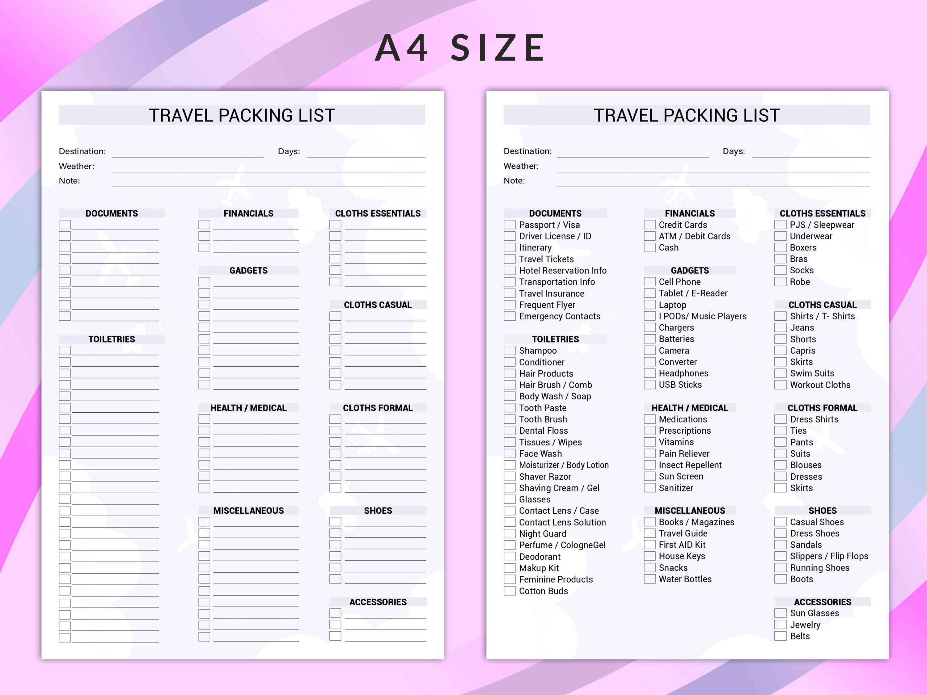 Editable Travel Packing List, Travel Checklist Printable, Travel ...