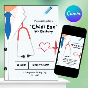 Convite de aniversário de médico infantil, convite EDITÁVEL para festa de primeiros socorros, enfermeira fingindo ser médica, emergência médica, receita médica.