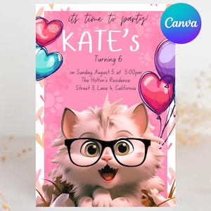 Invito di compleanno a tema gatto modificabile, invito a tema gatto, invito a tema gatto, invito di compleanno, Let's Pawty, modello digitale.