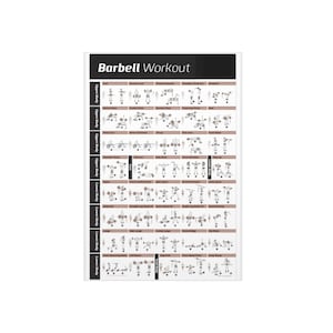 May include: A white poster with the title "Barbell Workout" at the top. The poster features illustrations of various barbell exercises, categorized by upper and lower body workouts. The exercises are depicted with stick figures and labeled with exercise names.
