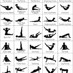 Pode incluir: Um gráfico instrutivo em preto e branco intitulado CLASSICAL PILATES MAT EXERCISES. Apresenta uma grade de trinta e cinco ilustrações de silhuetas pretas representando várias posturas de exercício, cada uma rotulada com seu nome em inglês.