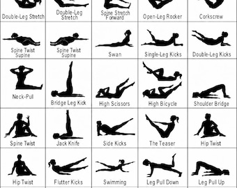 Può includere: Un grafico didattico in bianco e nero intitolato CLASSICAL PILATES MAT EXERCISES. Presenta una griglia di trentacinque illustrazioni a silhouette nera che raffigurano varie posizioni di esercizio, ciascuna etichettata con il proprio nome in inglese.