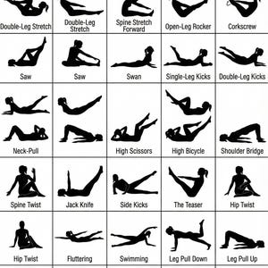 Puede incluir: Un gráfico en blanco y negro titulado "EJERCICIOS CLÁSICOS DE PILATES EN COLCHONETA" muestra 30 ejercicios de Pilates. Cada ejercicio está ilustrado con una silueta de una persona realizando el ejercicio, con nombres como "The Hundred" y "The Roll Up".